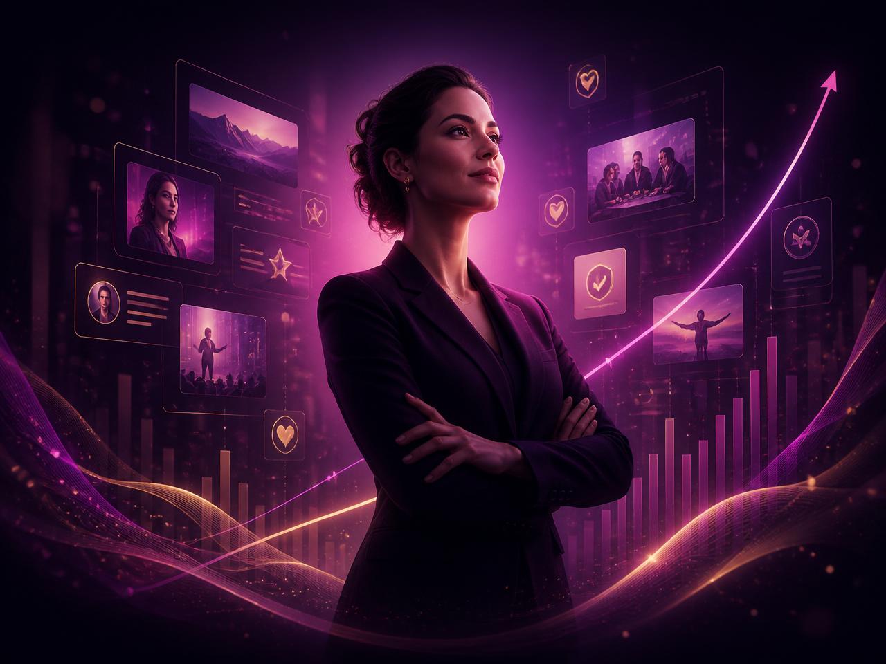 A confident professional surrounded by AI-generated social content and rising engagement
